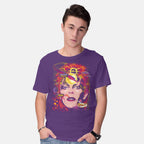 Model wearing purple Space Face – Music Graphic T-Shirt
