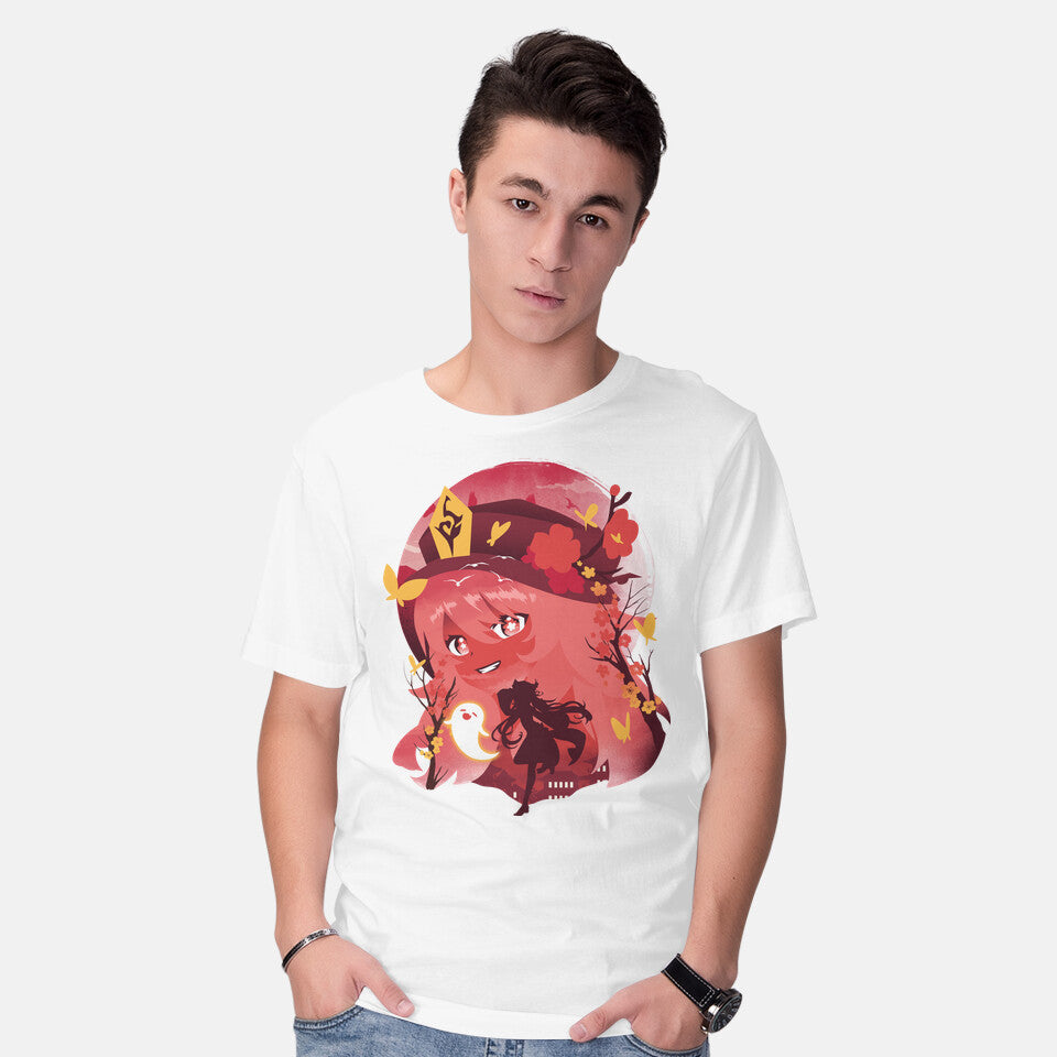 Model wearing white Hu Tao Ukiyo E – Gaming Graphic T-Shirt