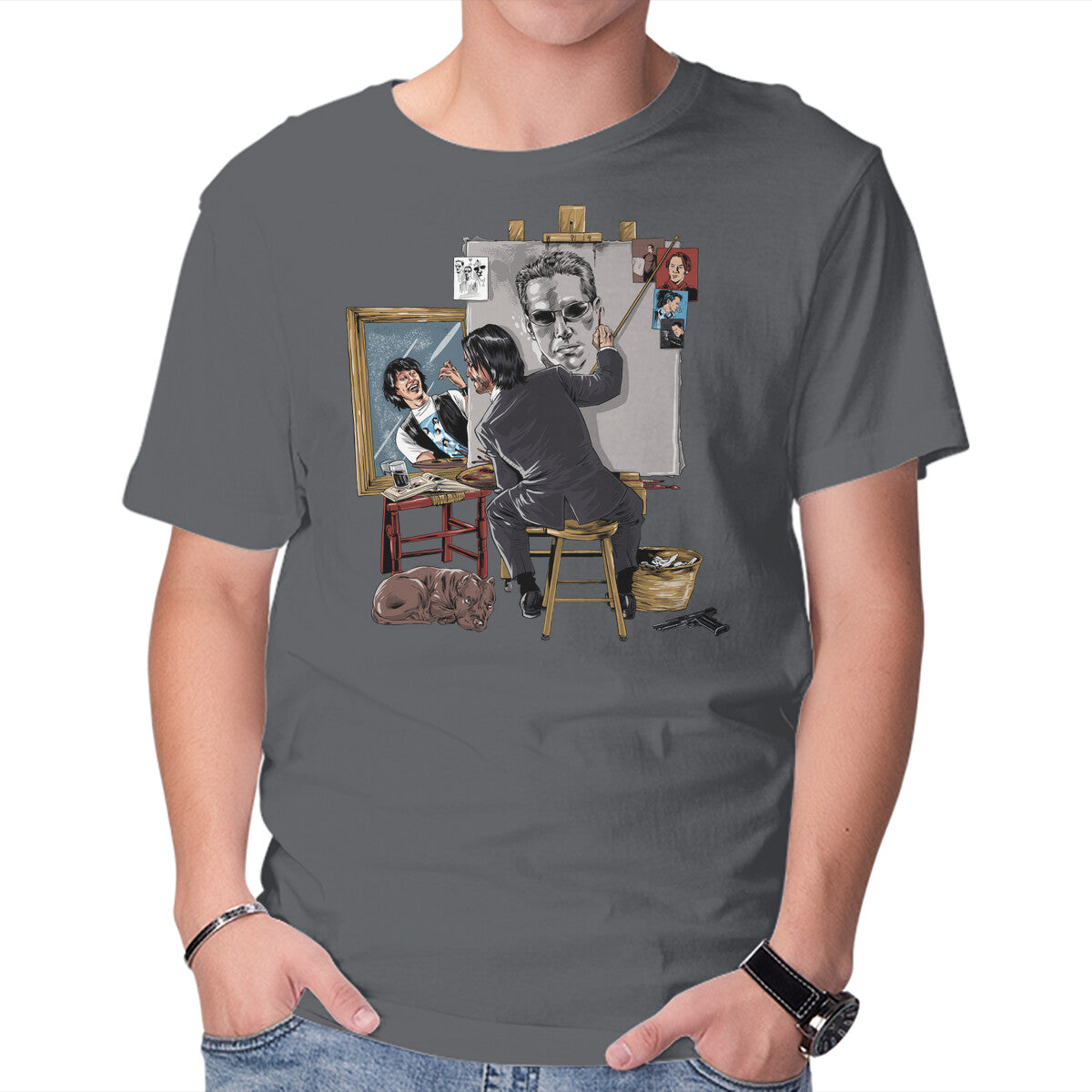 Keanu Triple Self-Portrait – Sci-Fi Graphic T-Shirt in charcoal, product display