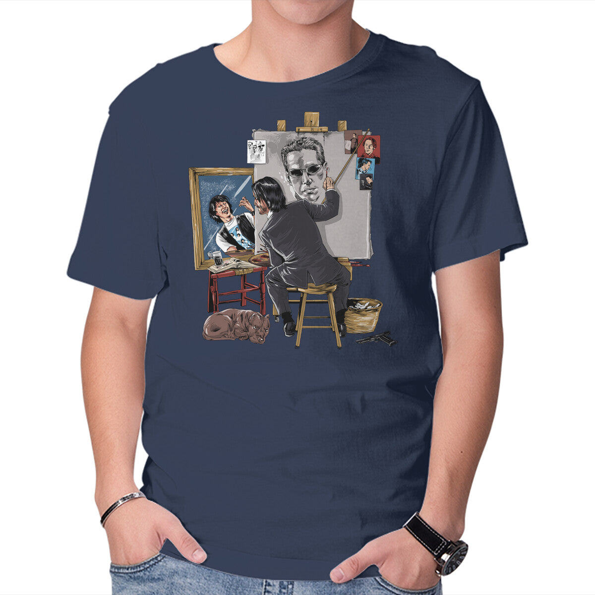 Keanu Triple Self-Portrait – Sci-Fi Graphic T-Shirt in navy, product display