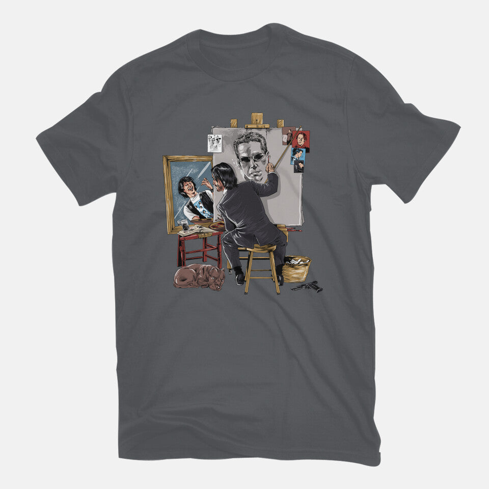 Keanu Triple Self-Portrait – Sci-Fi Graphic T-Shirt in charcoal, flat-lay product view