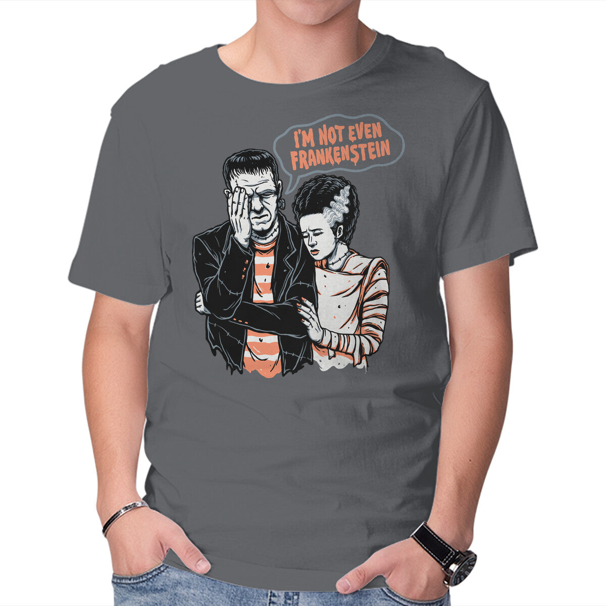 I'm Not Even Frankenstein – Horror Graphic T-Shirt in charcoal, product display