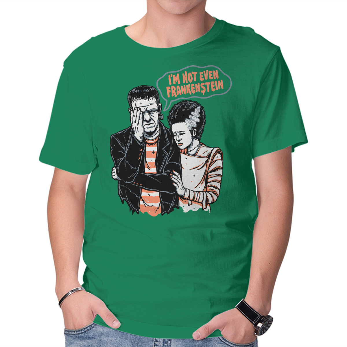 I'm Not Even Frankenstein – Horror Graphic T-Shirt in green, product display