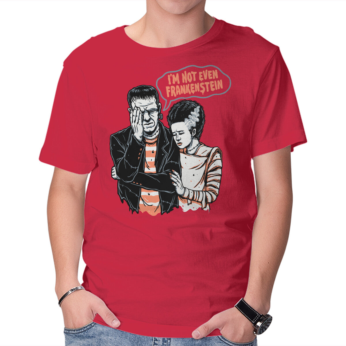 I'm Not Even Frankenstein – Horror Graphic T-Shirt in red, product display