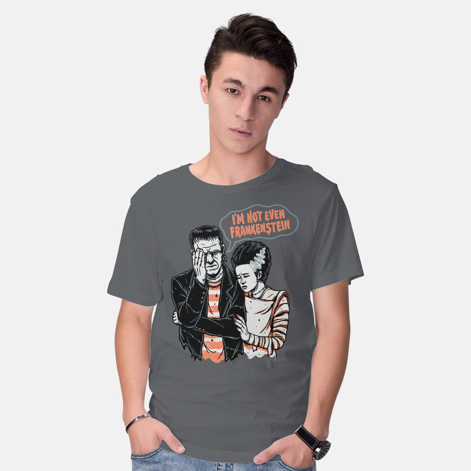 Model wearing charcoal I'm Not Even Frankenstein – Horror Graphic T-Shirt