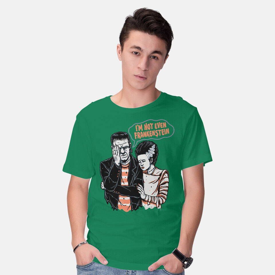 Model wearing green I'm Not Even Frankenstein – Horror Graphic T-Shirt