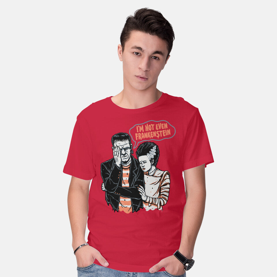 Model wearing red I'm Not Even Frankenstein – Horror Graphic T-Shirt