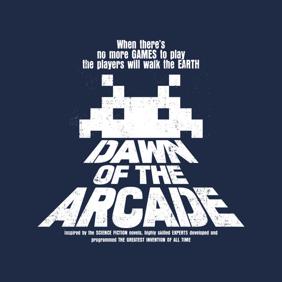 Dawn Of The Arcade – Gaming Graphic T-Shirt design artwork for navy graphic T-shirt