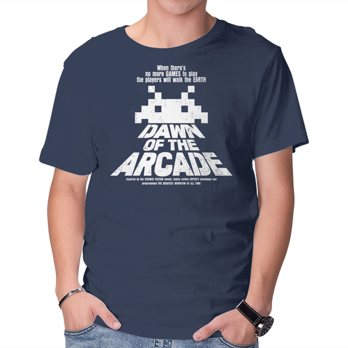 Dawn Of The Arcade – Gaming Graphic T-Shirt in navy, product display