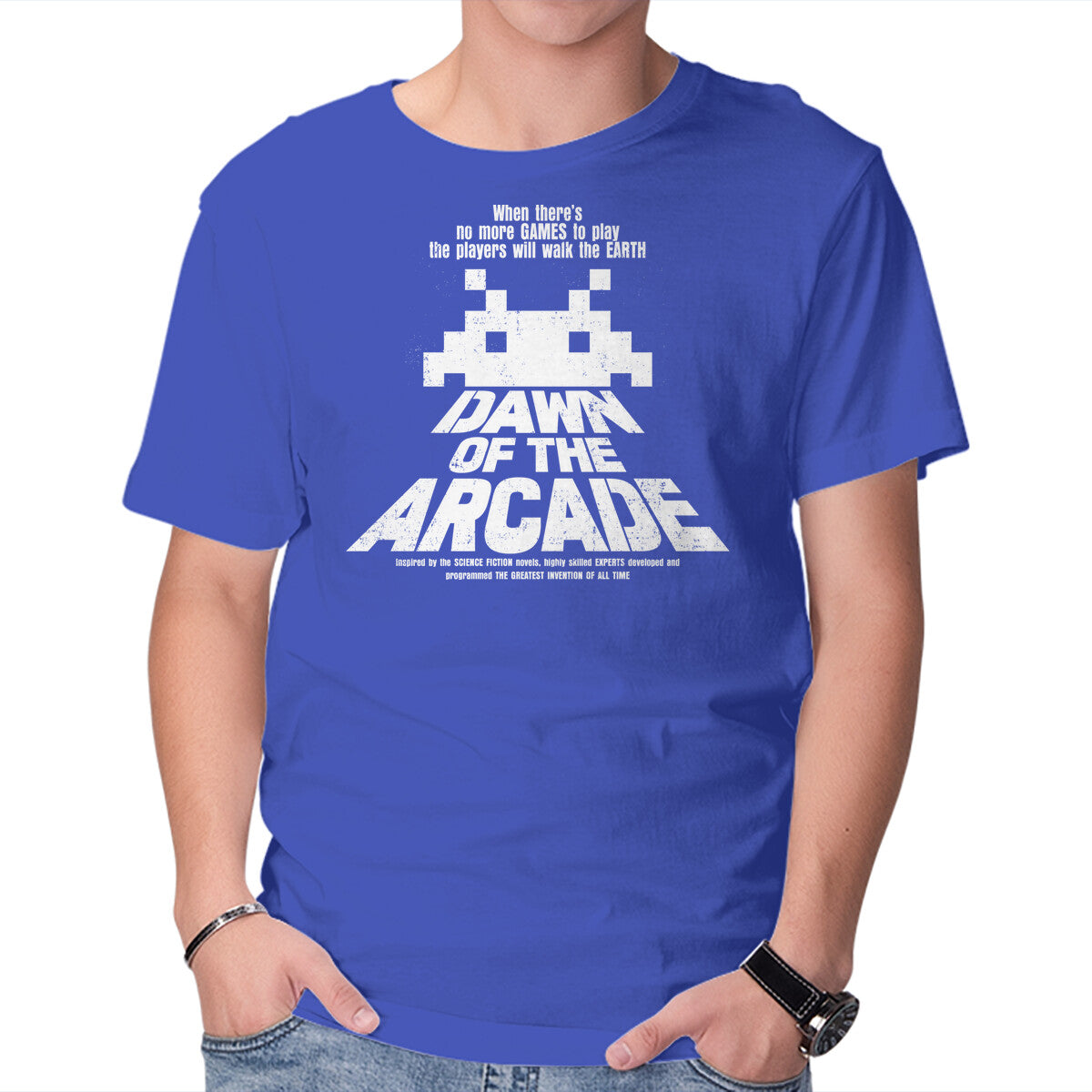 Dawn Of The Arcade – Gaming Graphic T-Shirt in royal blue, product display