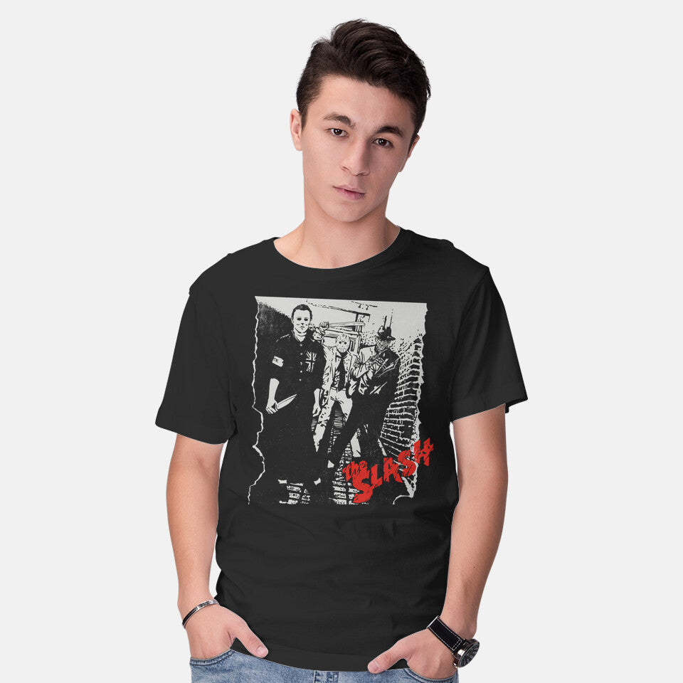Model wearing black The Slash – Music Graphic T-Shirt