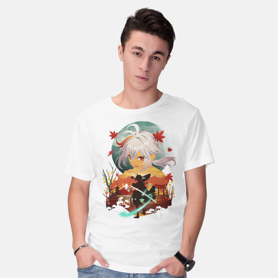 Model wearing white Kazuha Ukiyo E – Gaming Graphic T-Shirt