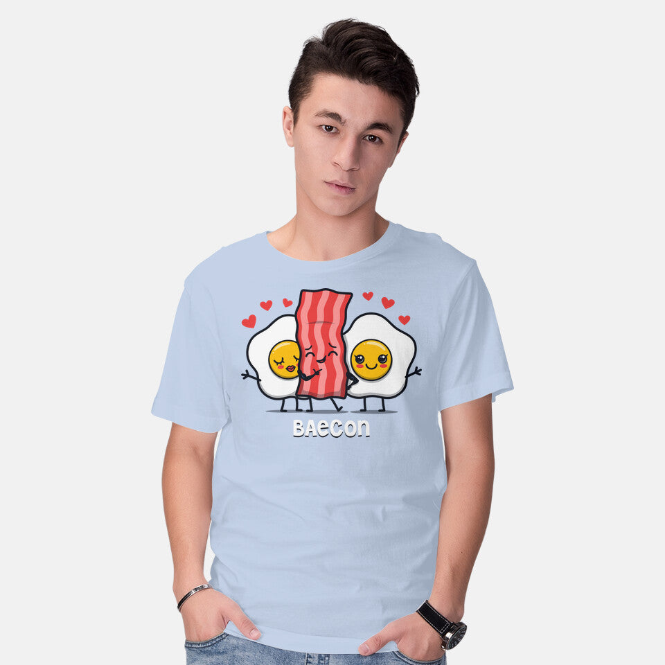 Model wearing blue Baecon – Funny Graphic T-Shirt