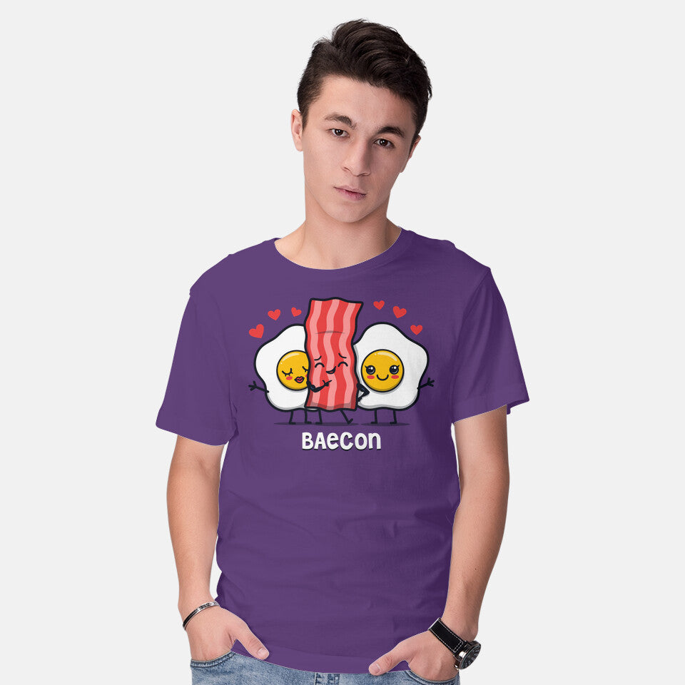 Model wearing purple Baecon – Funny Graphic T-Shirt