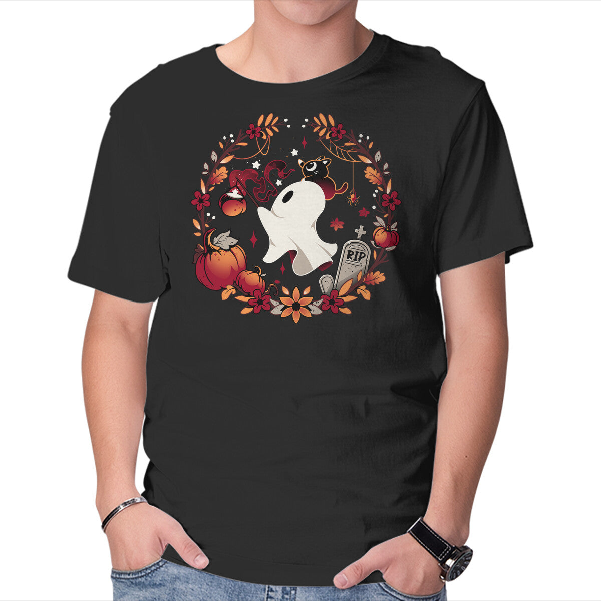 Spooky Wishes – Cat Graphic T-Shirt in black, product display