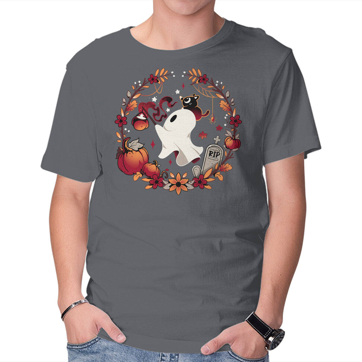 Spooky Wishes – Cat Graphic T-Shirt in charcoal, product display