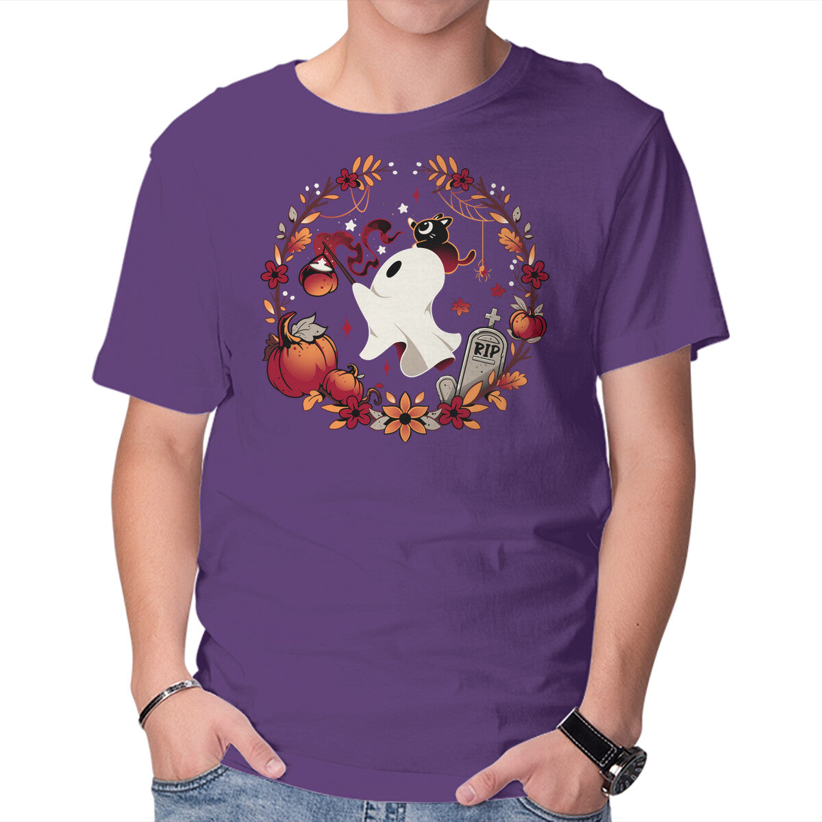 Spooky Wishes – Cat Graphic T-Shirt in purple, product display