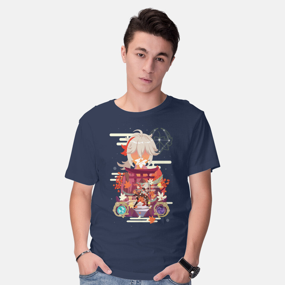 Model wearing navy The Wandering Samurai – Gaming Graphic T-Shirt