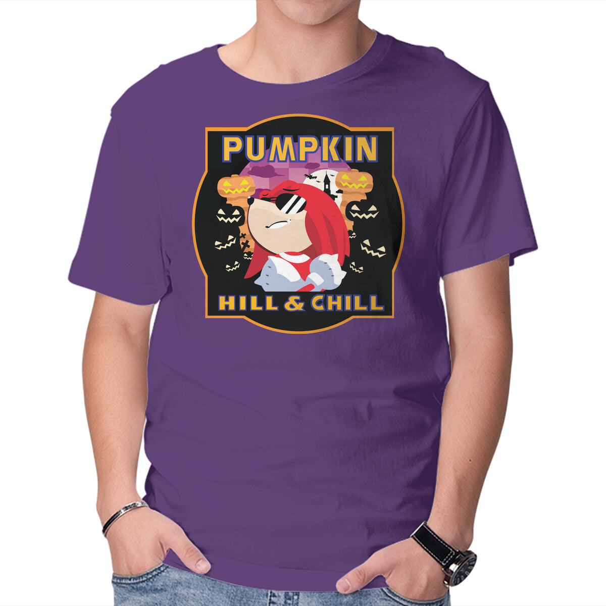 Pumpkin Hill And Chill – Halloween Graphic T-Shirt in purple, product display