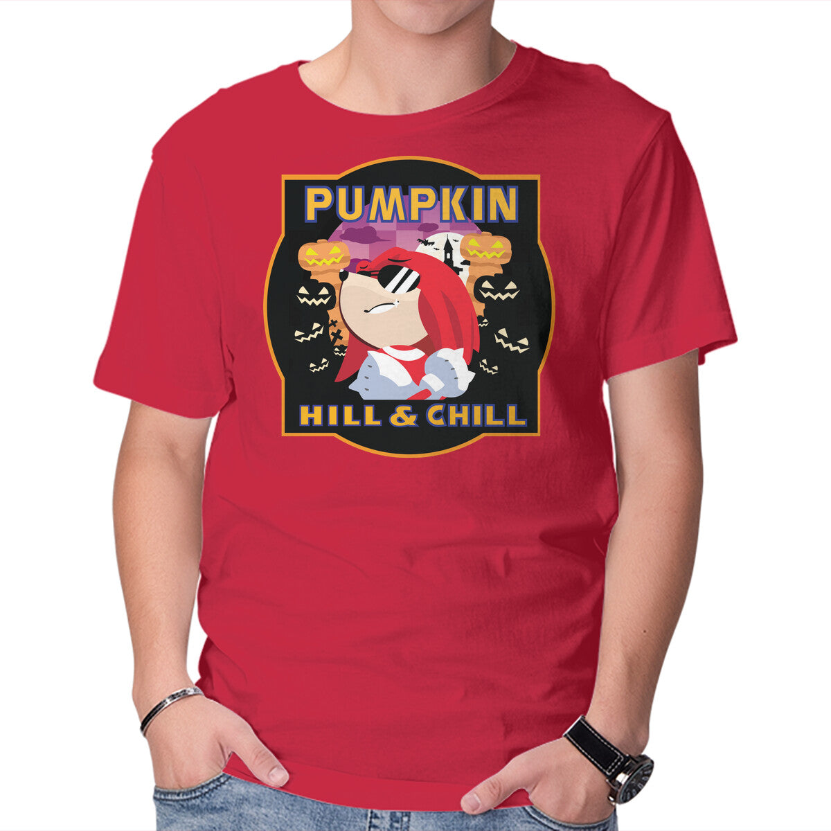 Pumpkin Hill And Chill – Halloween Graphic T-Shirt in red, product display