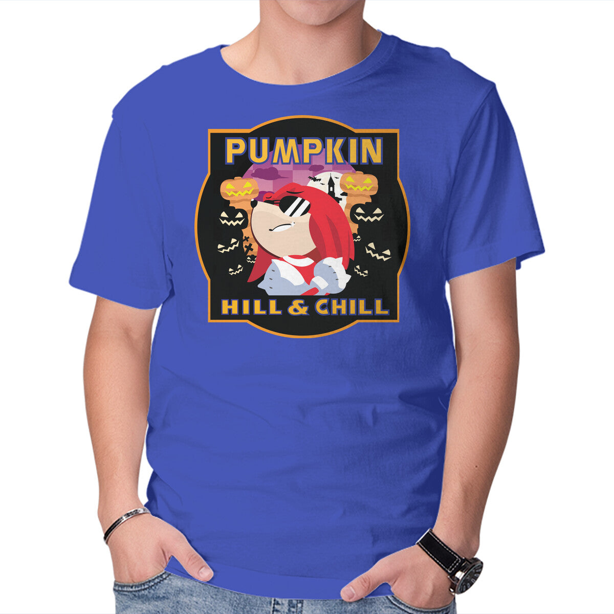 Pumpkin Hill And Chill – Halloween Graphic T-Shirt in royal blue, product display