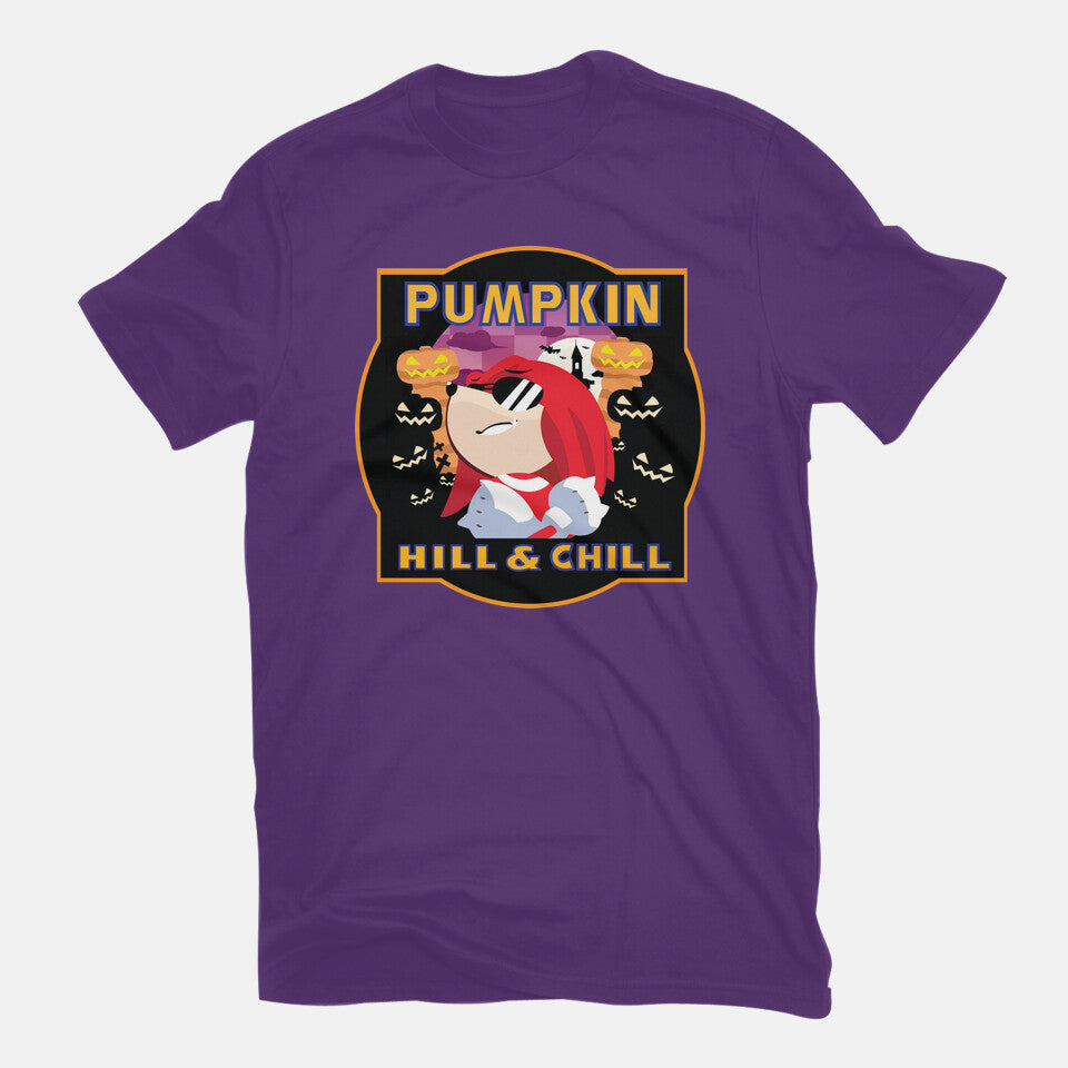 Pumpkin Hill And Chill – Halloween Graphic T-Shirt in purple, flat-lay product view