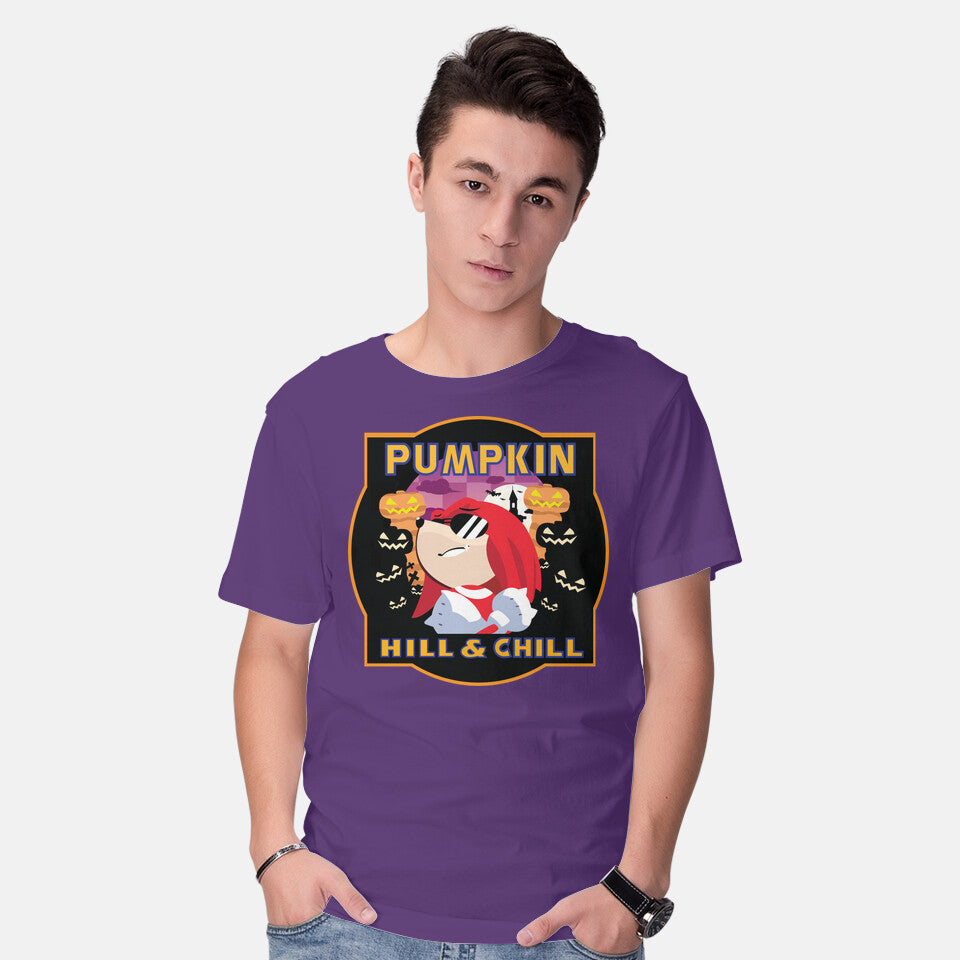 Model wearing purple Pumpkin Hill And Chill – Halloween Graphic T-Shirt