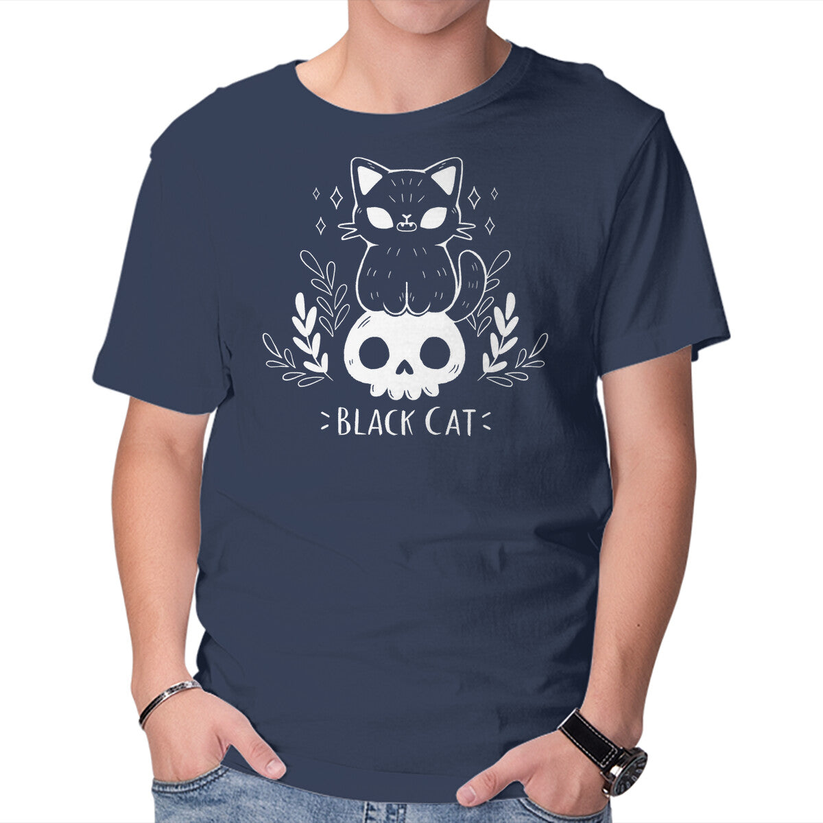 Black Cat – Cat Graphic T-Shirt in navy, product display