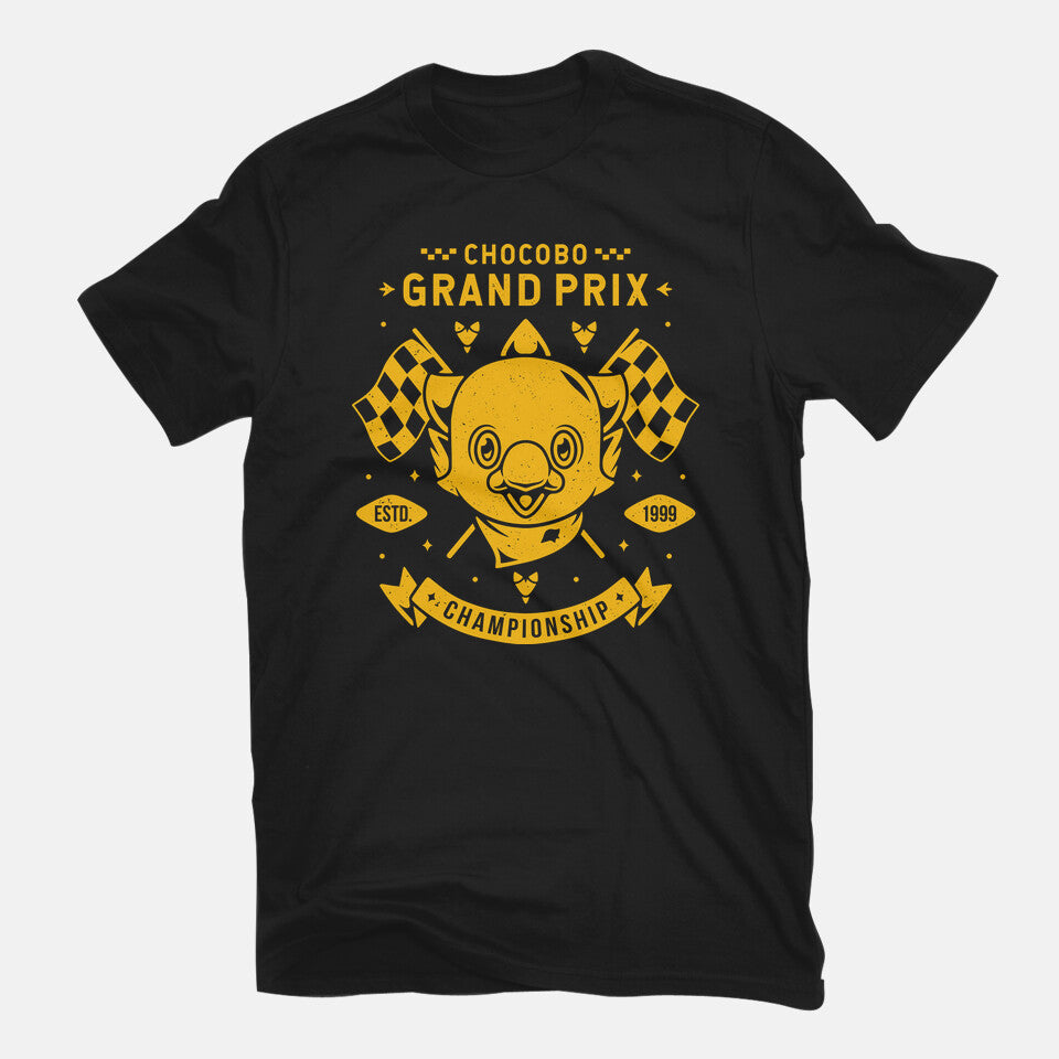 Chocobo Grand Prix – Gaming Graphic T-Shirt in black, flat-lay product view