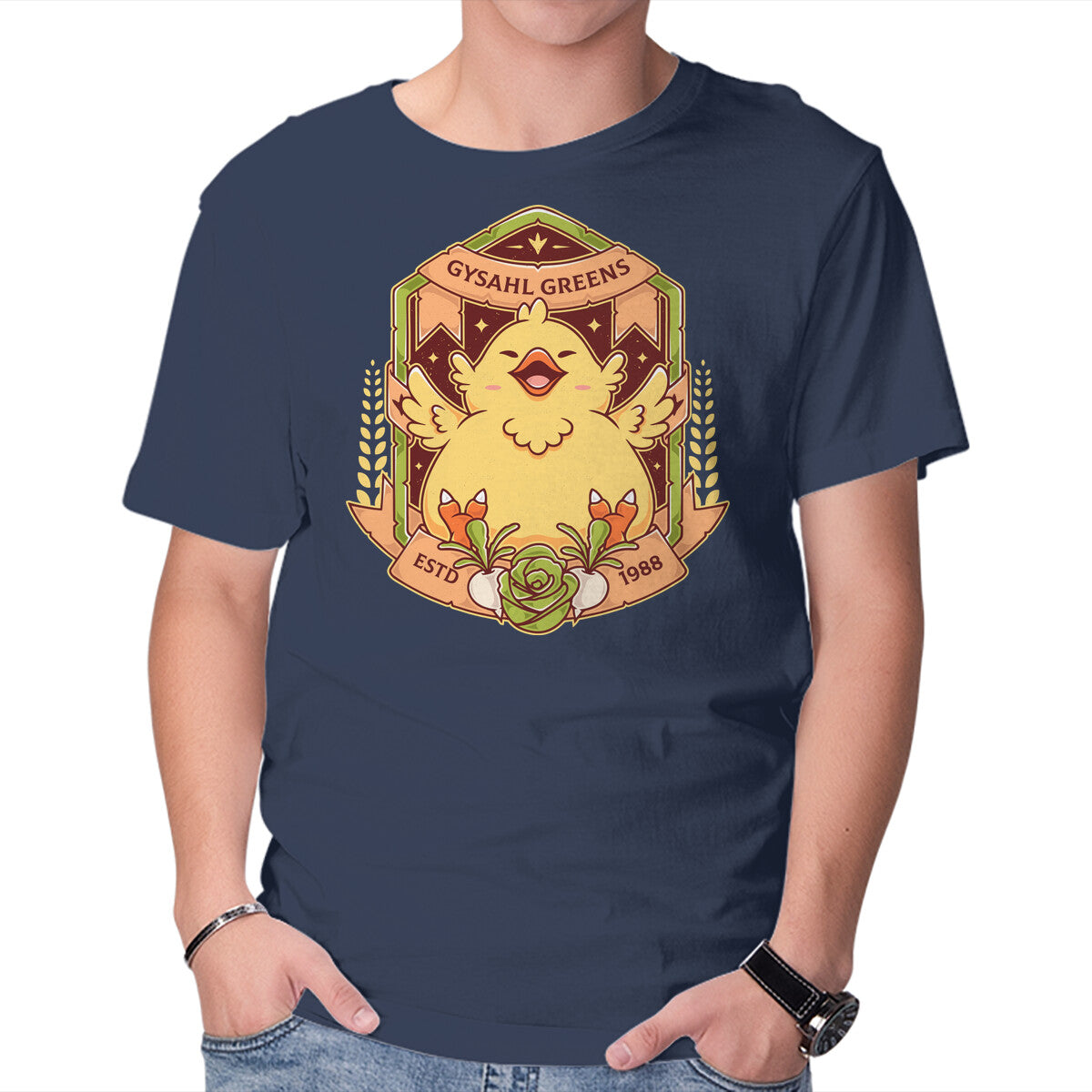 Gysahl Greens – Gaming Graphic T-Shirt in navy, product display