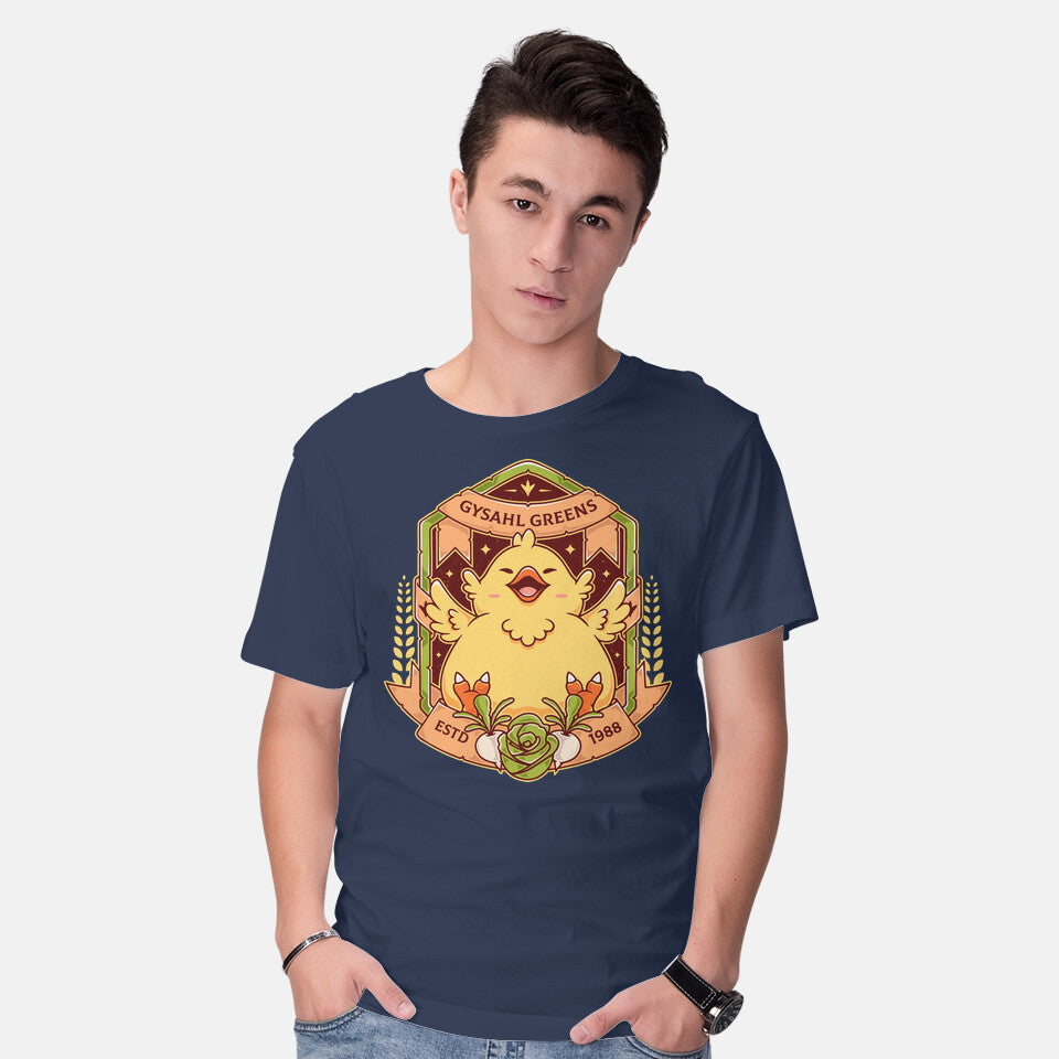 Model wearing navy Gysahl Greens – Gaming Graphic T-Shirt