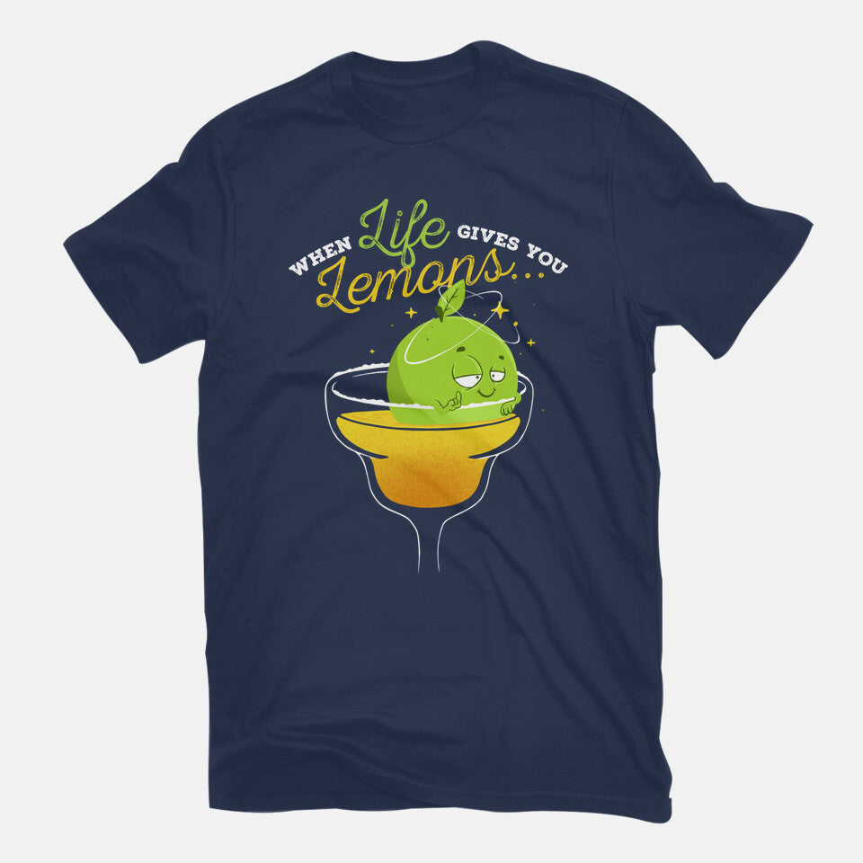 When Life Gives You Lemons – Funny Graphic T-Shirt in navy, flat-lay product view