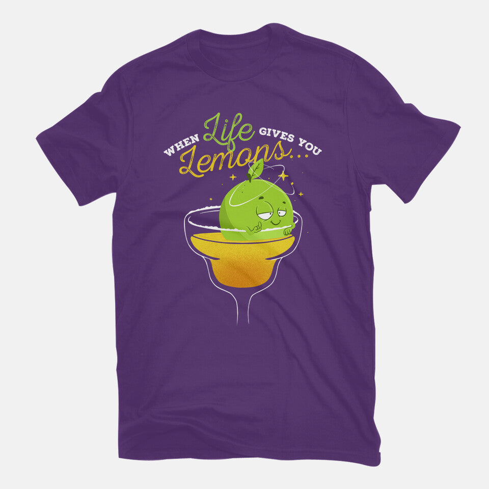 When Life Gives You Lemons – Funny Graphic T-Shirt in purple, flat-lay product view