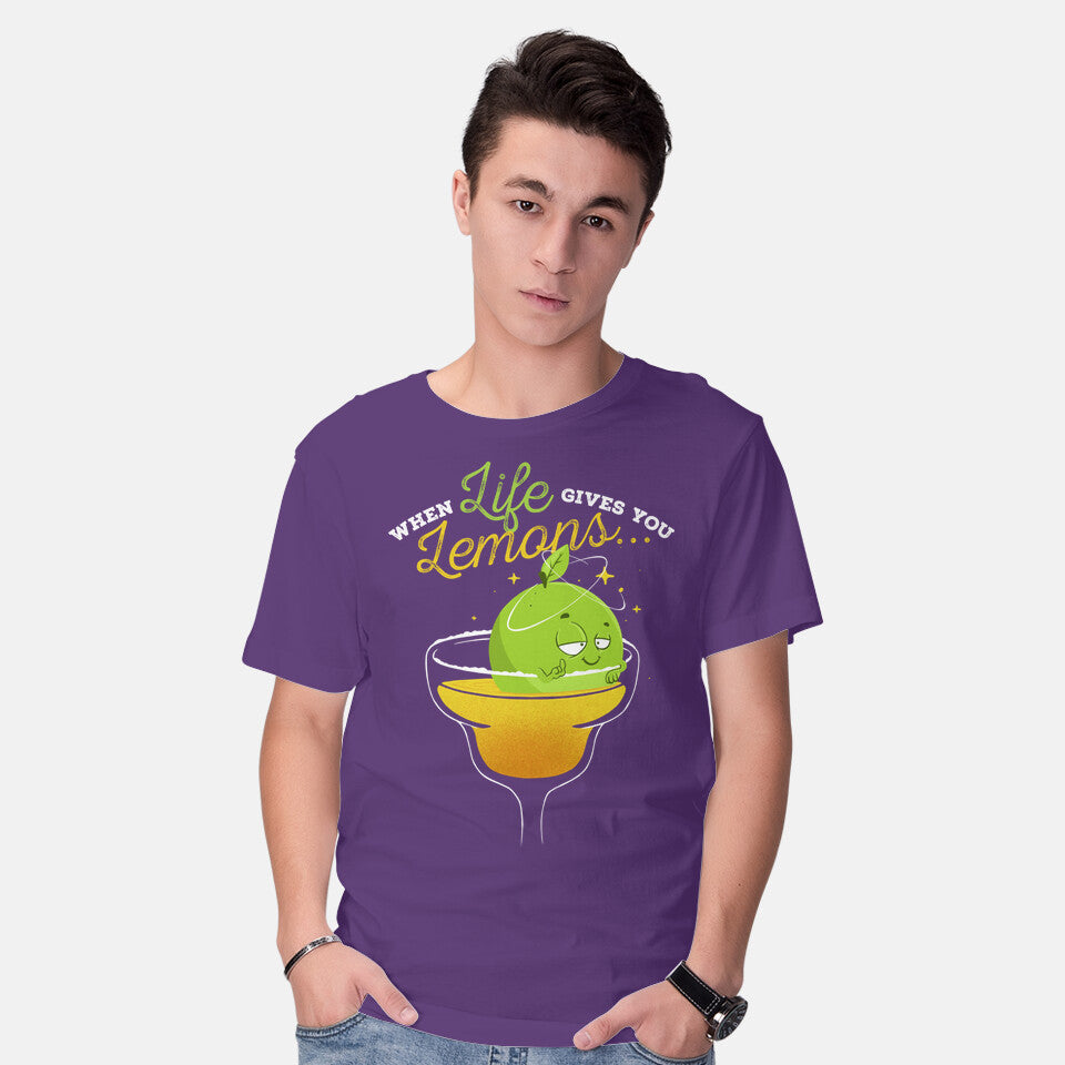 Model wearing purple When Life Gives You Lemons – Funny Graphic T-Shirt