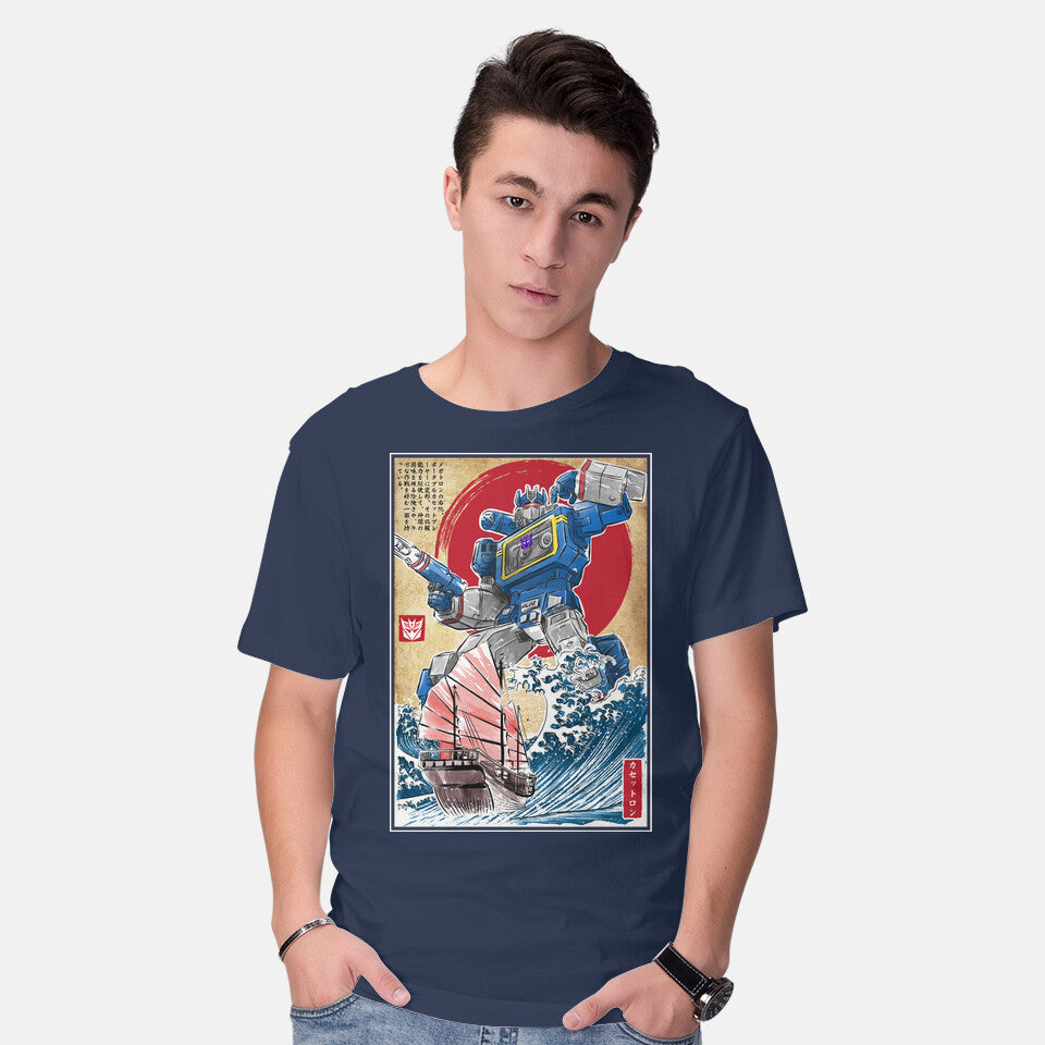 Model wearing navy Soundwave In Japan – Sci-Fi Graphic T-Shirt
