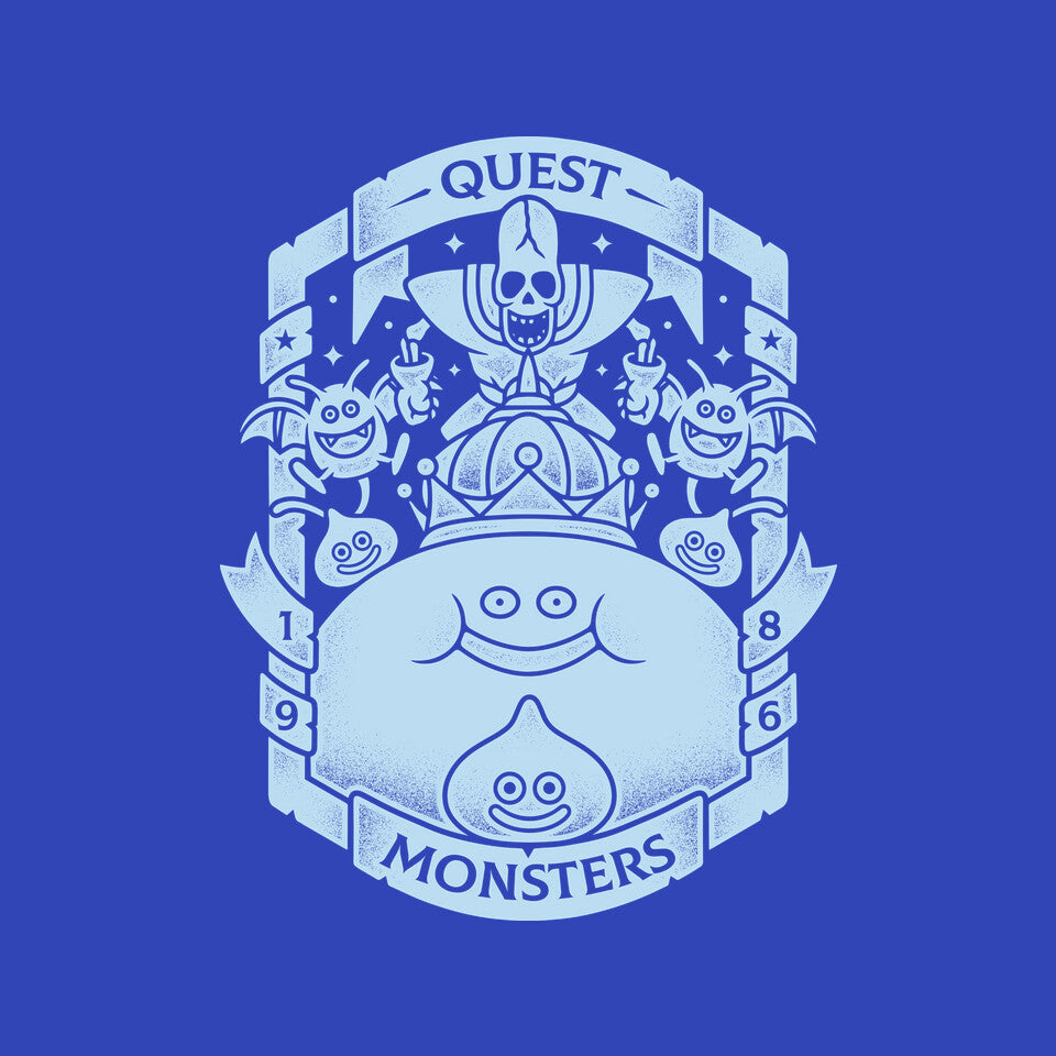Quest Monsters – Gaming Graphic T-Shirt design artwork for royal blue graphic T-shirt