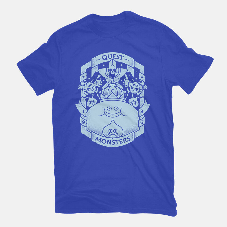 Quest Monsters – Gaming Graphic T-Shirt in royal blue, flat-lay product view
