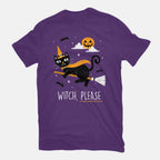 Witch Pls – Cat Graphic T-Shirt in purple, flat-lay product view