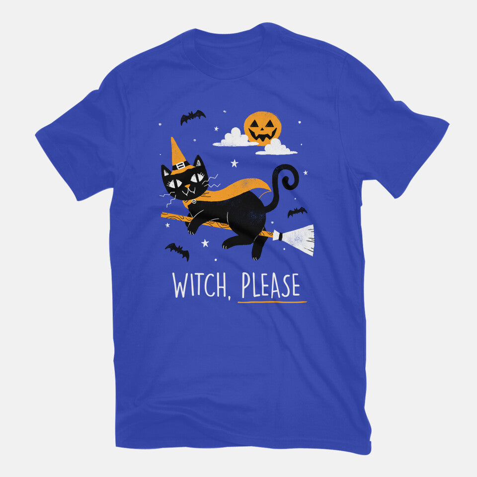 Witch Pls – Cat Graphic T-Shirt in royal blue, flat-lay product view