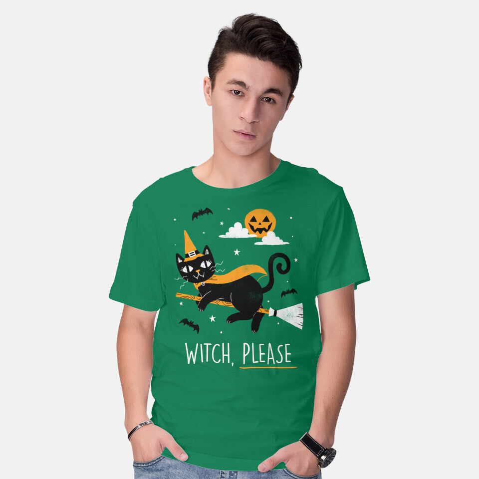 Model wearing green Witch Pls – Cat Graphic T-Shirt