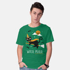 Model wearing green Witch Pls – Cat Graphic T-Shirt