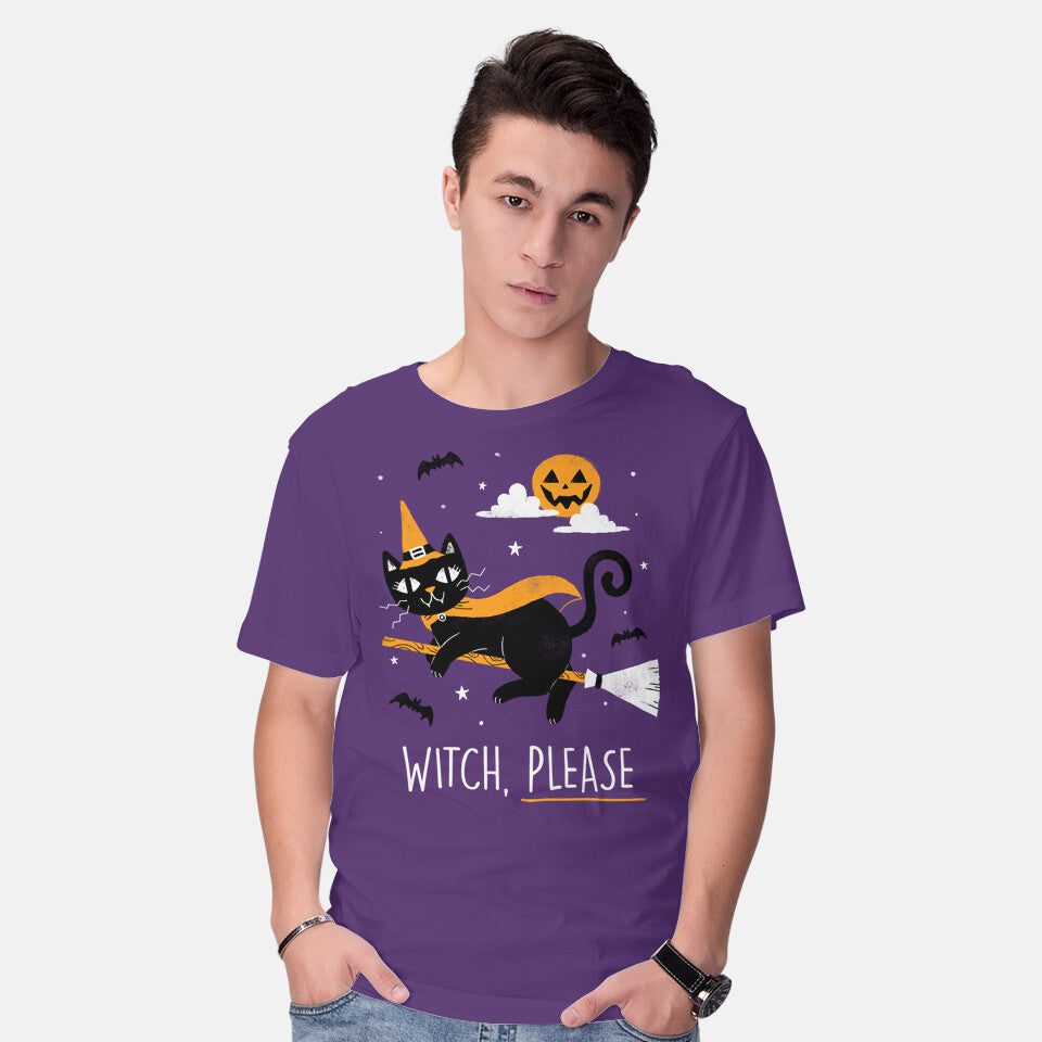 Model wearing purple Witch Pls – Cat Graphic T-Shirt
