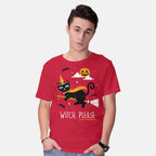 Model wearing red Witch Pls – Cat Graphic T-Shirt