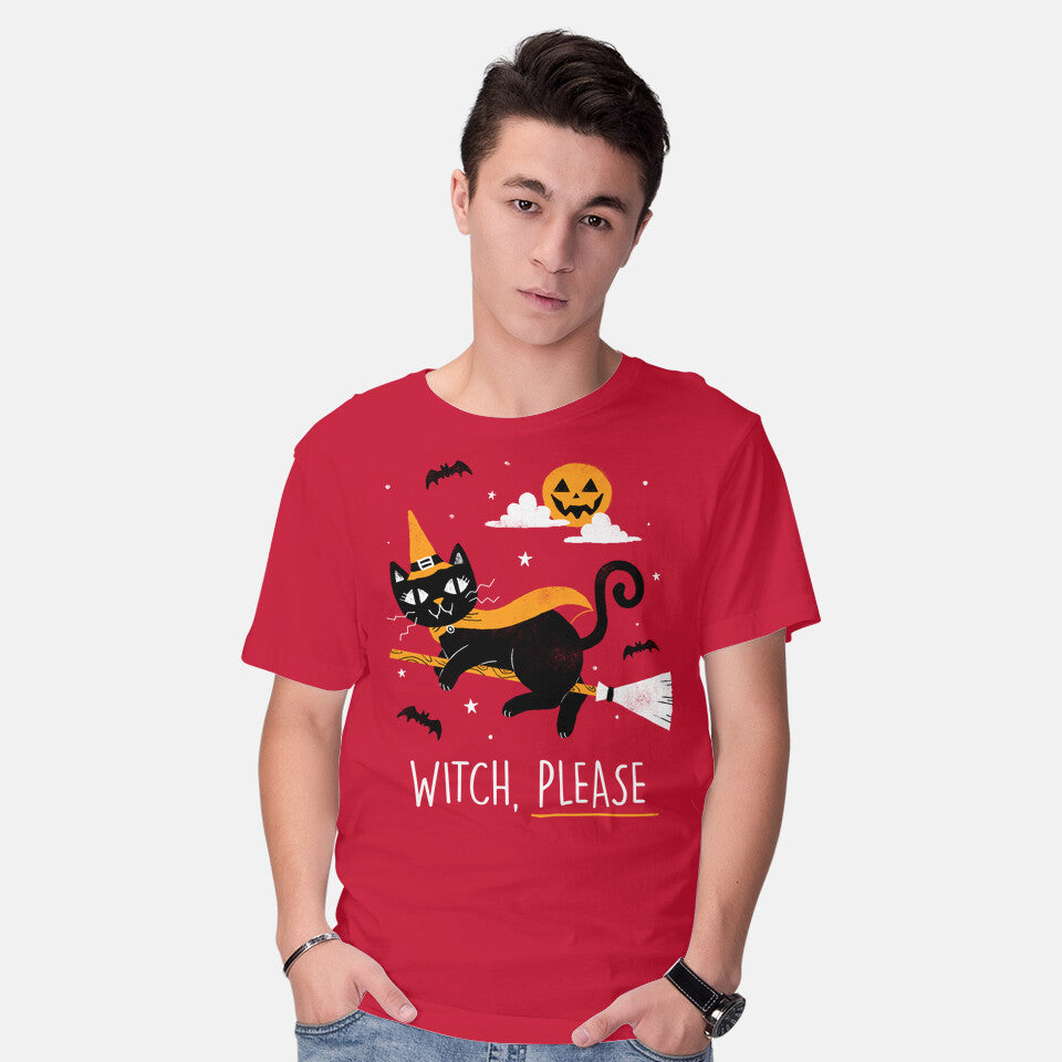 Model wearing red Witch Pls – Cat Graphic T-Shirt