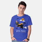 Model wearing royal blue Witch Pls – Cat Graphic T-Shirt