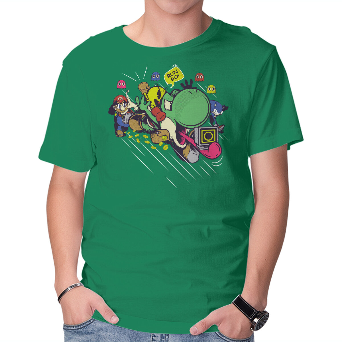 Run. Go! – Gaming Graphic T-Shirt in green, product display
