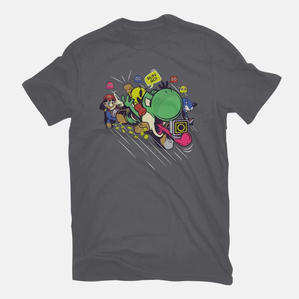 Run. Go! – Gaming Graphic T-Shirt in charcoal, flat-lay product view