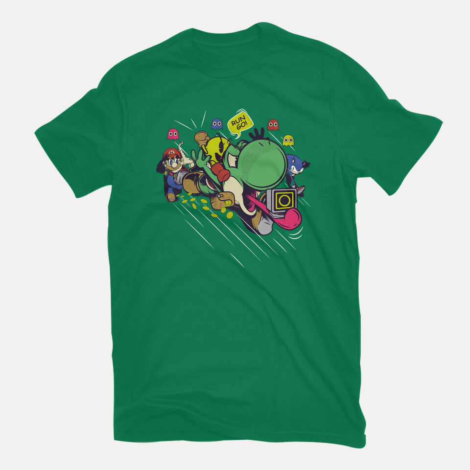 Run. Go! – Gaming Graphic T-Shirt in green, flat-lay product view