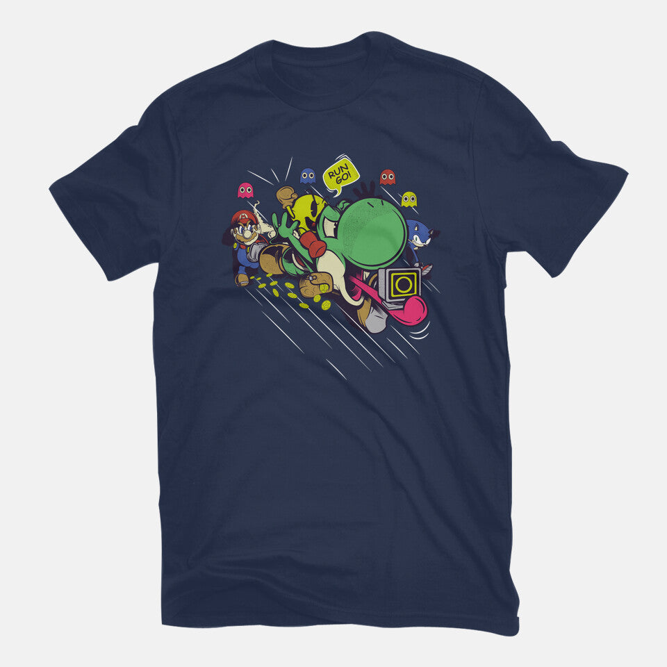 Run. Go! – Gaming Graphic T-Shirt in navy, flat-lay product view