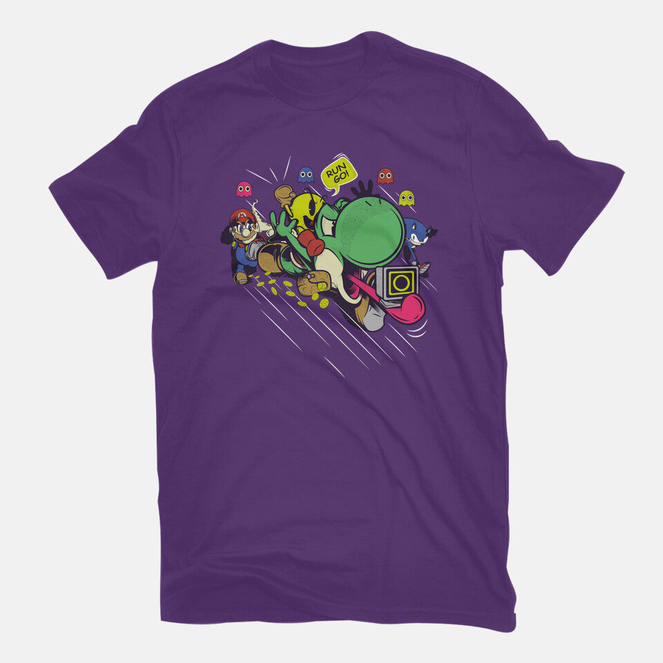 Run. Go! – Gaming Graphic T-Shirt in purple, flat-lay product view